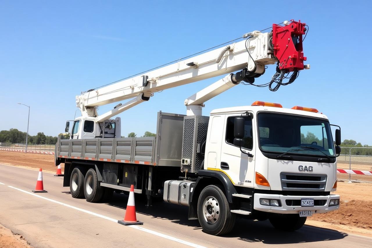 Truck-mounted knuckle boom crane on a construction site