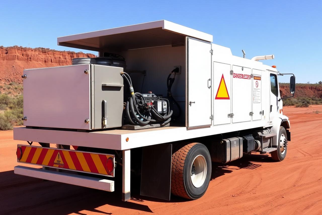 Fuel and lube truck with hose reels at a remote site