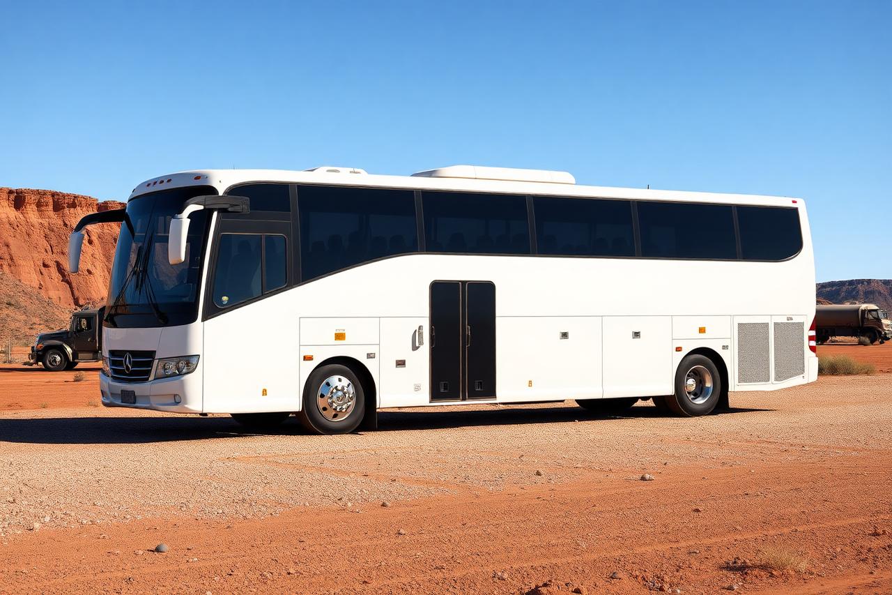 White coach parked at a remote accommodation village
