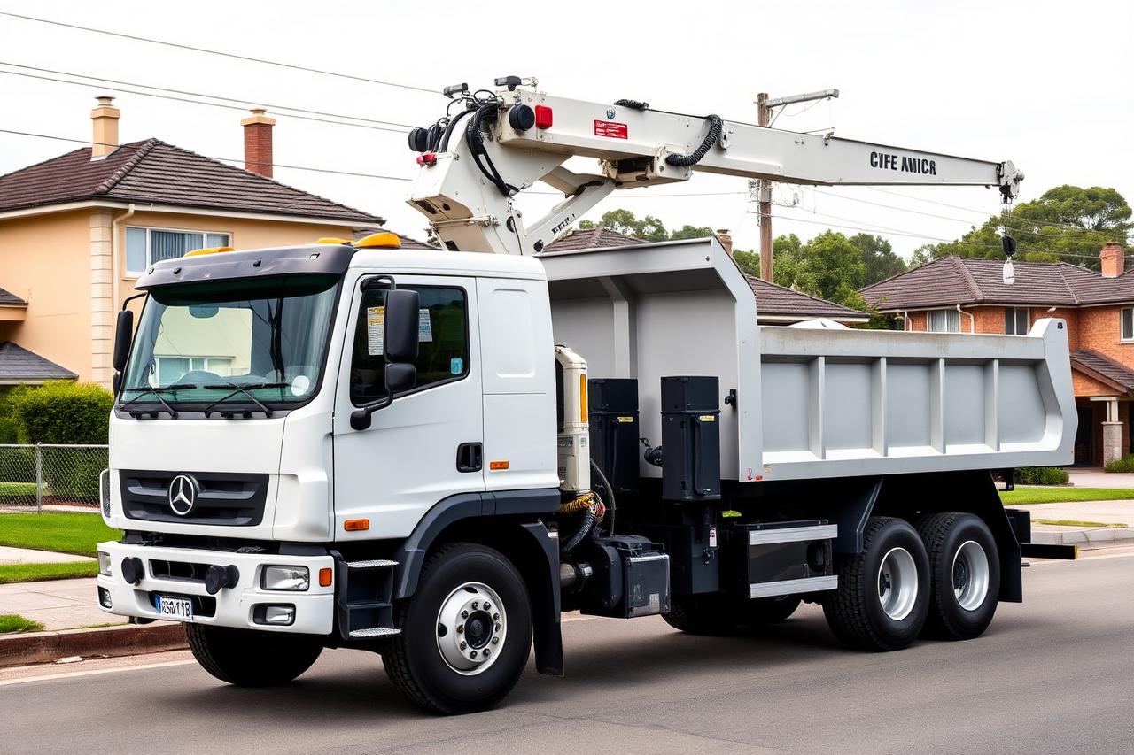 Tipper crane truck with rear mounted knuckle boom crane