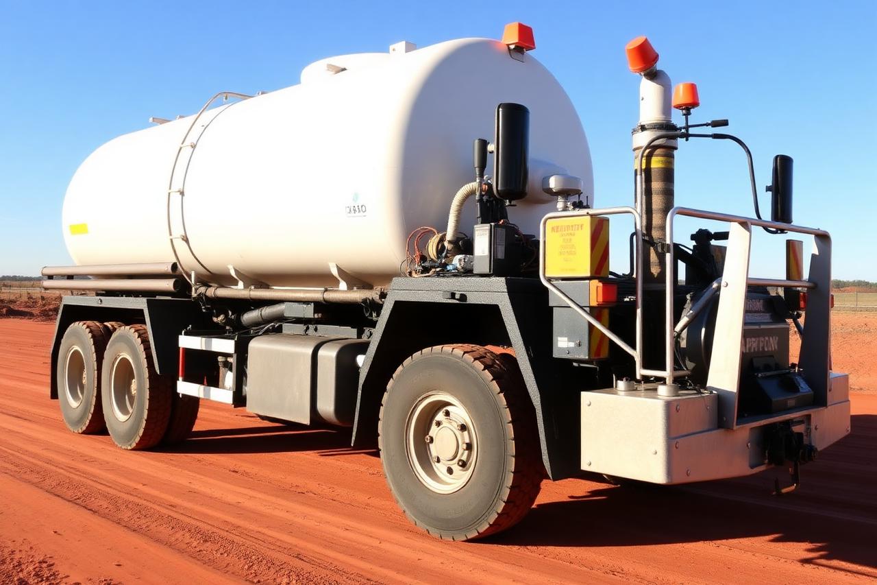 Water truck with spray bar on a red dirt haul road
